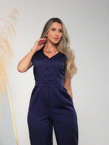Women's Tailored Jumpsuit With Button At The Front C3154 - Navy Blue - View 5
