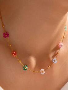 1pc Stainless Steel Colorful Daisy Flower Beaded Necklace - Elegant Vintage Style Delicate Chain With Multi-Color Floral Accents, Mother's Day Gift For Women, Everyday & Holiday Jewelry, Versatile Gold-Plated Flower Necklace (Bead Color Random) - Multicolor - View 2