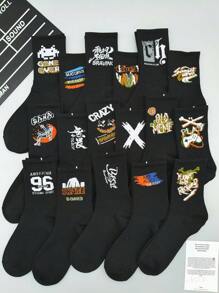 1/5/10 Pairs Random Men's Crew Socks With Graffiti, Letter, Machinery, Skateboard, Street, School, Basketball Designs, Long High Waist Sports Socks, All Season