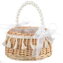 1 pieza Canasta de flores tejida para boda con asa de perlas falsas, decoración elegante con moño, portátil y multifuncional para almacenamiento en el hogar y organizador de varios usos, Navidad, San Valentín, Acción de Gracias con estilo rústico y campestre