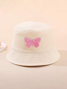 1pc Vintage Solid Color Plain Bucket Hat For Kids, Outdoor Sports Travel Sun Ion Unisex Bucket Hat - 1pc Butterfly Embroidery - View 4