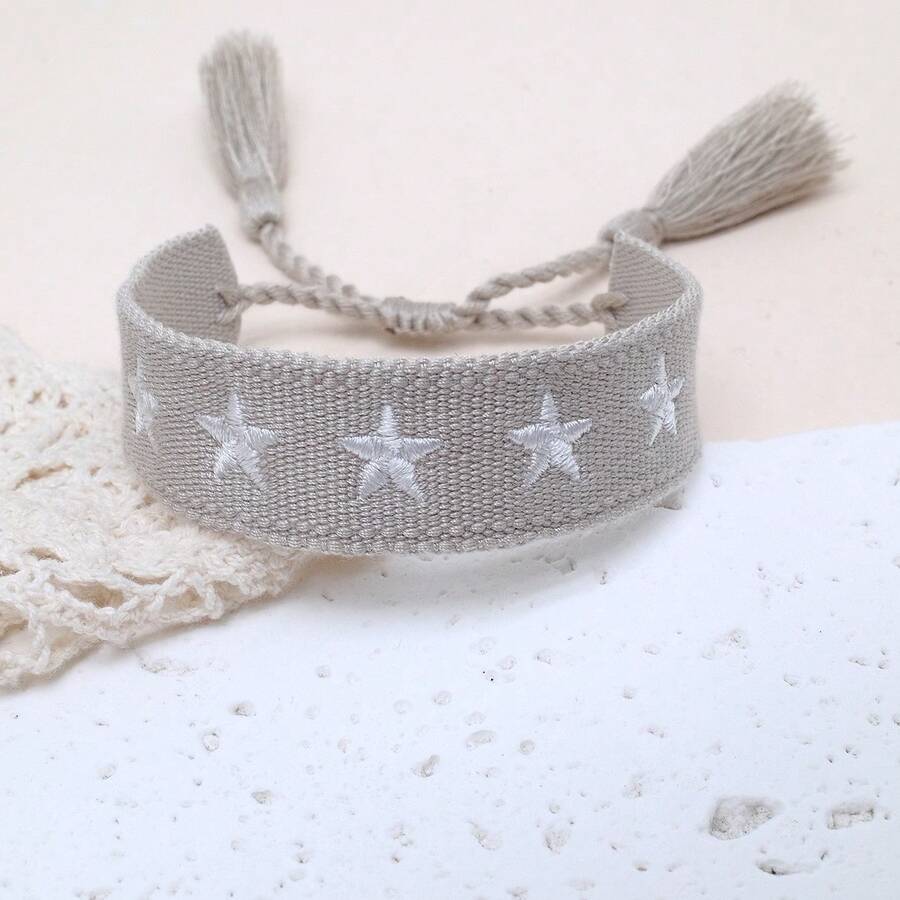 1pc Star Decor Handmade Braided Bracelet, Creative Embroidery Design, Suitable For Party, Beach, Travel, Gift For Friends, Family, Classmates - Grey - View 1