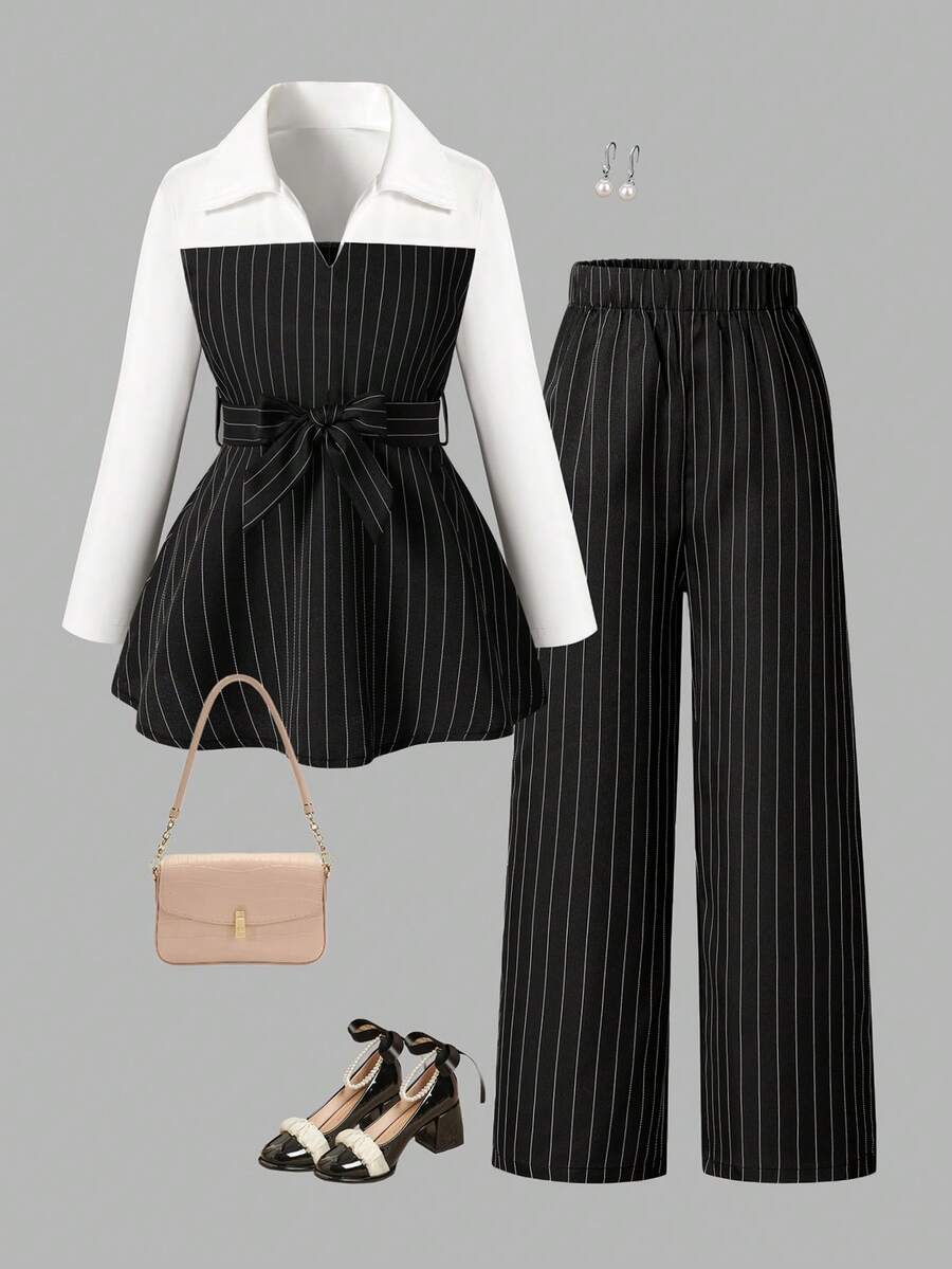 2pcs/Set Fashionable Girls' Spring/Autumn Outfit, Including Collared V-Neck Colorblock Long Sleeve Top And Striped Elastic Waist Straight Leg Pants, Elegant Suit Style, Comfortable And Versatile For Outdoor, Party, Afternoon Tea, Birthday Gift