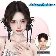 2 pezzi Parrucca sintetica integrata con fermagli, lunghezza 20cm/8 pollici, dolce e versatile, con fiocco e doppio chignon