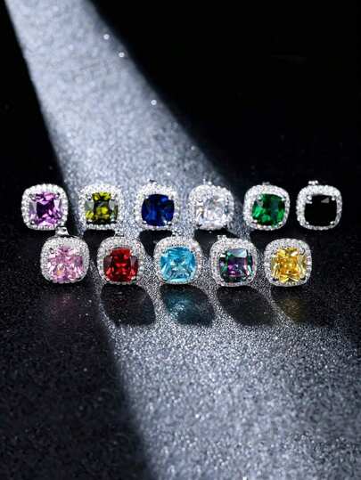 2pcs Luxury Colorful//Blue Princess Cut Cubic Zirconia Stud Earrings, Wedding Jewelry Princess Earrings