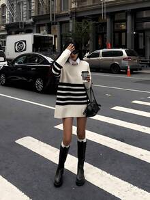 Suéter feminino casual grande com listras pretas e brancas, gola redonda, manga comprida, adequado para o dia a dia, rua e deslocamento, outono/inverno - Bege - Ver 3