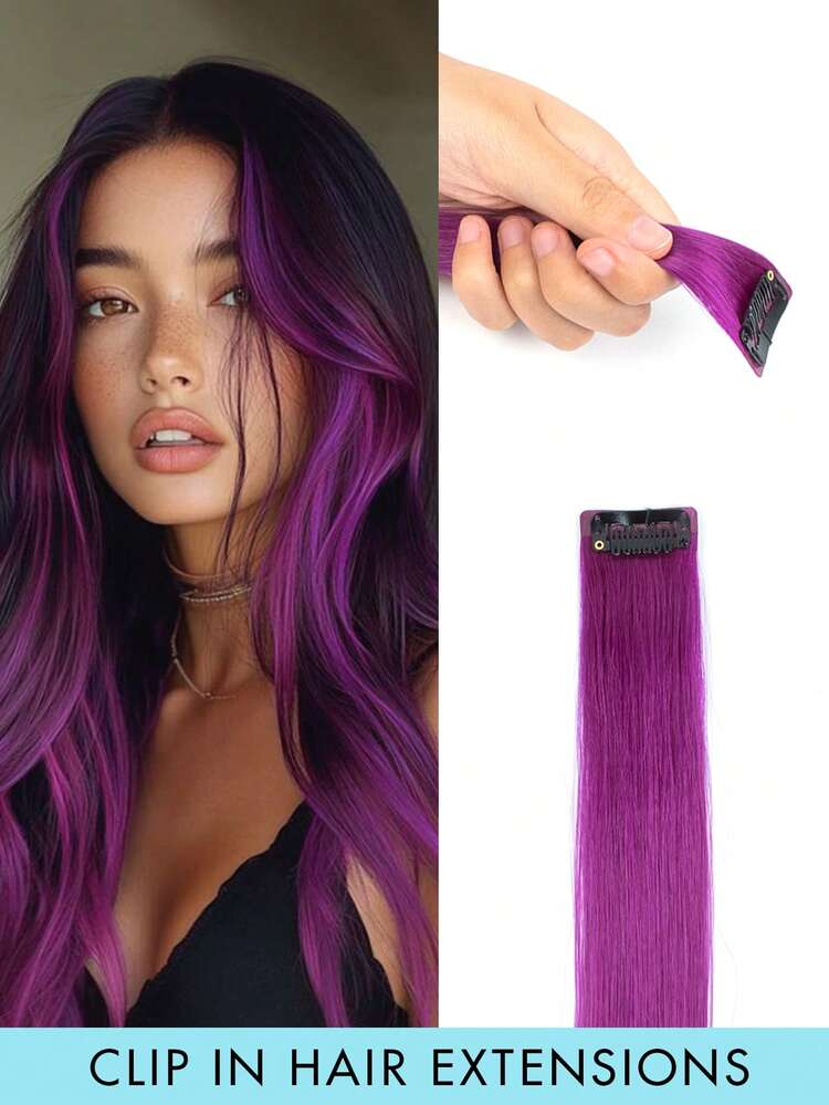 1 件夹式接发真人发彩色接发红色发夹真人发彩虹色派对挑染直发片适合女士女孩角色扮演夹式接发紫色 - 彩色 - 查看 21