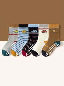 5 双儿童防滑卡通汽车条纹橡胶圆点地板袜，幼儿男童女童宝宝软底室内休闲中筒袜，适合日常穿着 - 彩色 - 查看 4