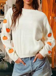 Women Halloween Knit Sweater Pumpkin Embroidered Knited Oversized Sweatshirt Loose Fit Pullover Tops Graphic Holiday Shirt Jumper Tops Knitwear Streetwear Fall Winter Clothes