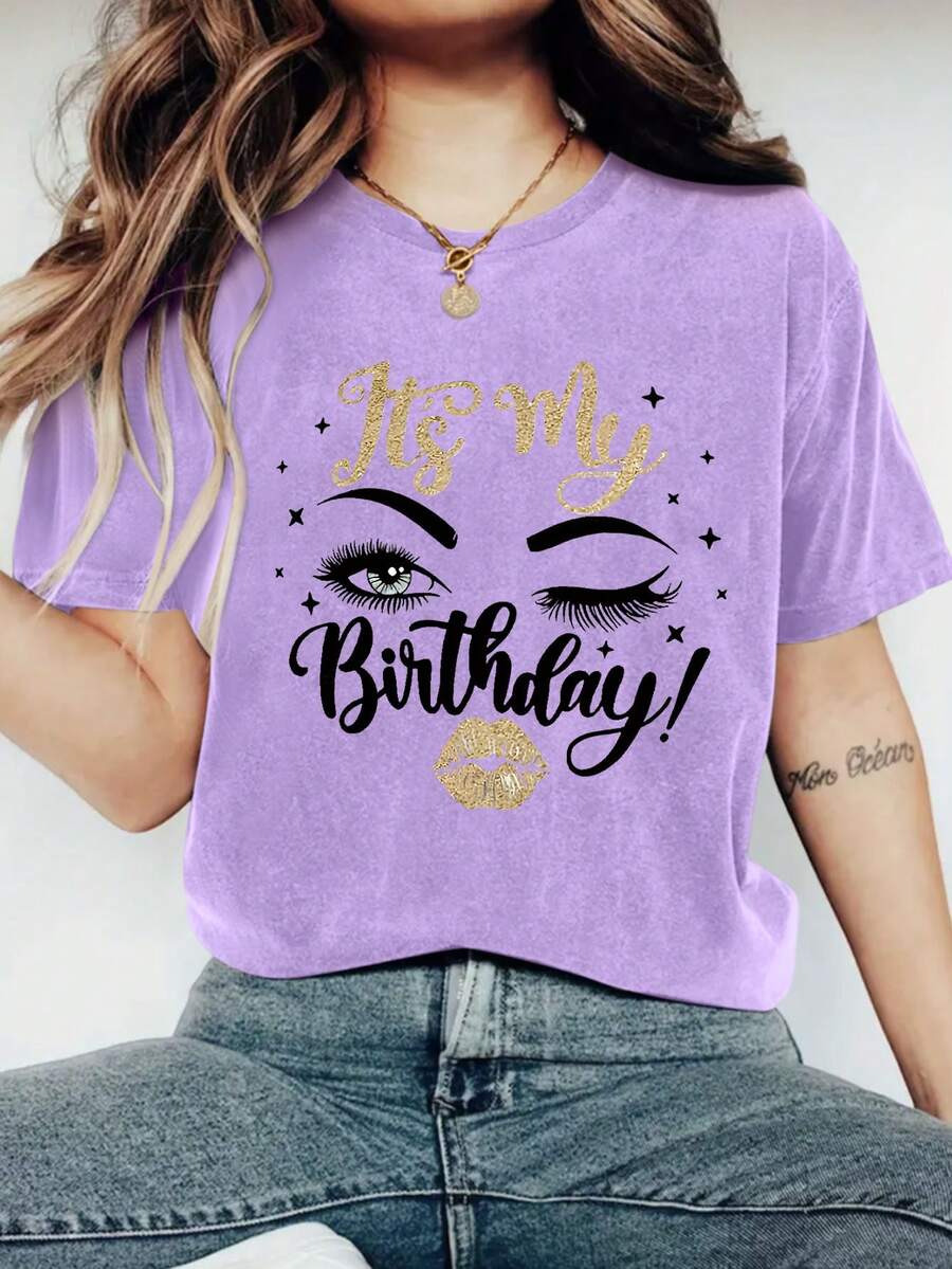 Casual Women's Graphic Print Short Sleeve Crew Neck Letter T-Shirt, Relaxed Fit Top - 紫色 - 查看 1