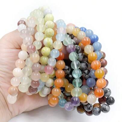 Pulsera bohemia de cuentas multicolor de 8 mm con cuarzo rosa natural y piedras de berilo | Pulsera de cristal curativo con cordón elástico | Equilibrio energético de yoga y meditación | Regalo elegante de cuentas redondas
