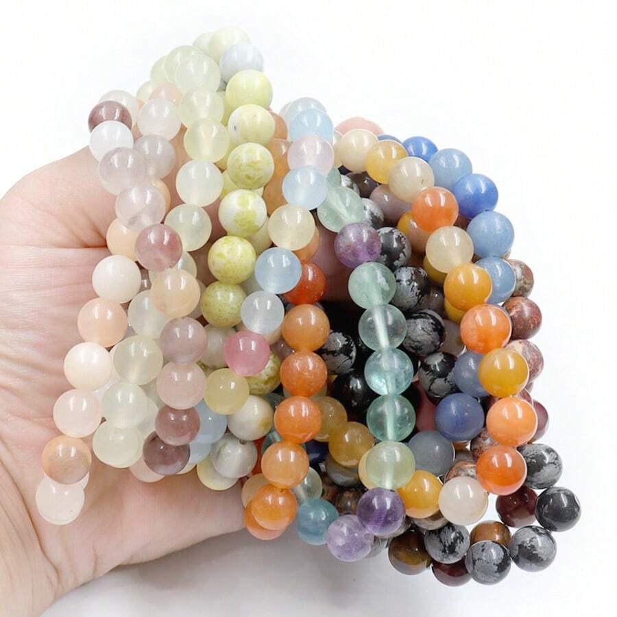 Pulsera bohemia de cuentas multicolor de 8 mm con cuarzo rosa natural y piedras de berilo | Pulsera de cristal curativo con cordón elástico | Equilibrio energético de yoga y meditación | Regalo elegante de cuentas redondas