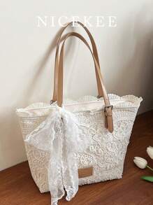 Lace Niche Design Fresh Literary Tote Bag With Bow, Fashionable And Simple Casual Handbag, Large Capacity And Highly Attractively Women's Shoulder Bag, Elegant Women's Underarm Bag, Suitable For Vacation Beach Commuting Daily Matching Photo Giving - Beige - View 1