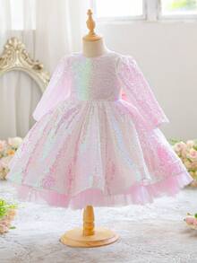 这款华丽的亮片装饰圆领长袖连衣裙适合年轻女孩在重要场合穿着，例如伴娘婚礼、生日派对、舞台表演和各种重要节日。 - 粉色 - 查看 4