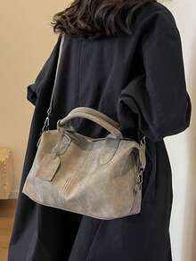 New Vintage PU Leather Women Handbag, Fashion Zipper Shoulder Bag With Detachable Strap, Women Work Travel 2-In-1 Bag, Gray, Black, Green - Khaki - View 6
