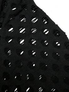 S390414 女士秋冬性感镂空花卉做旧拉链细节纯色长袖紧身连体裤 - 黑色 - 查看 6