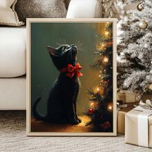 1pc Canvas Wall Art, Framed Wall Decor, Vintage Christmas Theme, Christmas Tree Kitten, Holiday Home Decor, Christmas Cat Lover Gift, Cat Wall Decor, Christmas Animal Decor, Christmas Decoration, Christmas Poster, Winter Decor, Christmas Bathroom Decor, Christmas Home Decor, Room Decor, Dorm Decor, Bedroom Decor, Living Room Decor, Office Decor, Dining Room Decor - Multicolor - View 2