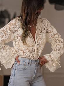 ii Women's Elegant Embroidered Lace Sheer Blouse