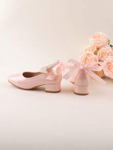 Conjunto de Vestido Formal Combinando, Sapatos de Performance, Sapatos de Balé Mary Jane Princesa, Sapatos de Couro Sintético Pequenos, Adequados para Casamento, Festa, Reunião, Feriado, Sapatos Fofos de Dama de Honra para Meninas de Todas as Idades, Saltos de Pérola com Laço Rosa da Moda, Sapatos de Salto Grosso Elegantes para Todas as Estações e Festivais - Rosa chiclete - Visão 6