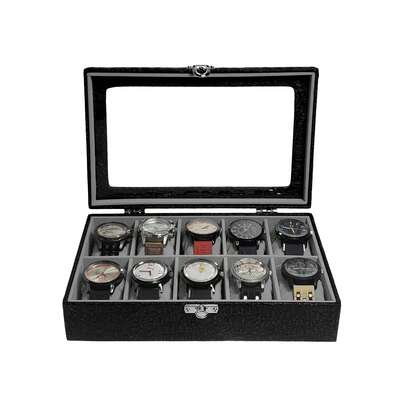 Estojo Para 10 Relógios Com Vidro Preto Com Interno Aveludado Caixa Maleta Porta Relógio