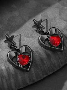 1 对深色哥特式四星和心形简约耳环，适合女士情人节