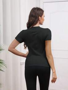 1 Piece Of Women's Solid Color Round Neck T-Shirt, Gym Clothing, Women's Sportswear, Indoor And Outdoor Casual Sportswear, Fitness Clothing, Workspace Clothing, Sportswear - 黑色 - 查看 5