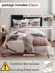 2/3pcs Cat Pattern Digital Printing Polyester Duvet Cover Set, Cute Modern Bedding Set Suitable For All Seasons, Soft & Breathable, Machine Washable, Zipper Closure (1 Duvet Cover + 1/2 Pillowcase, Excluding Filler) - Multicolor - View 4