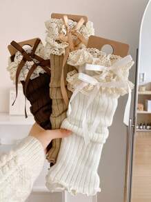 1双秋冬蕾丝长筒袜，洛丽塔蝴蝶结芭蕾舞风格，可爱腿套，异域风情Y2K，舒适 - 彩色 - 查看 4