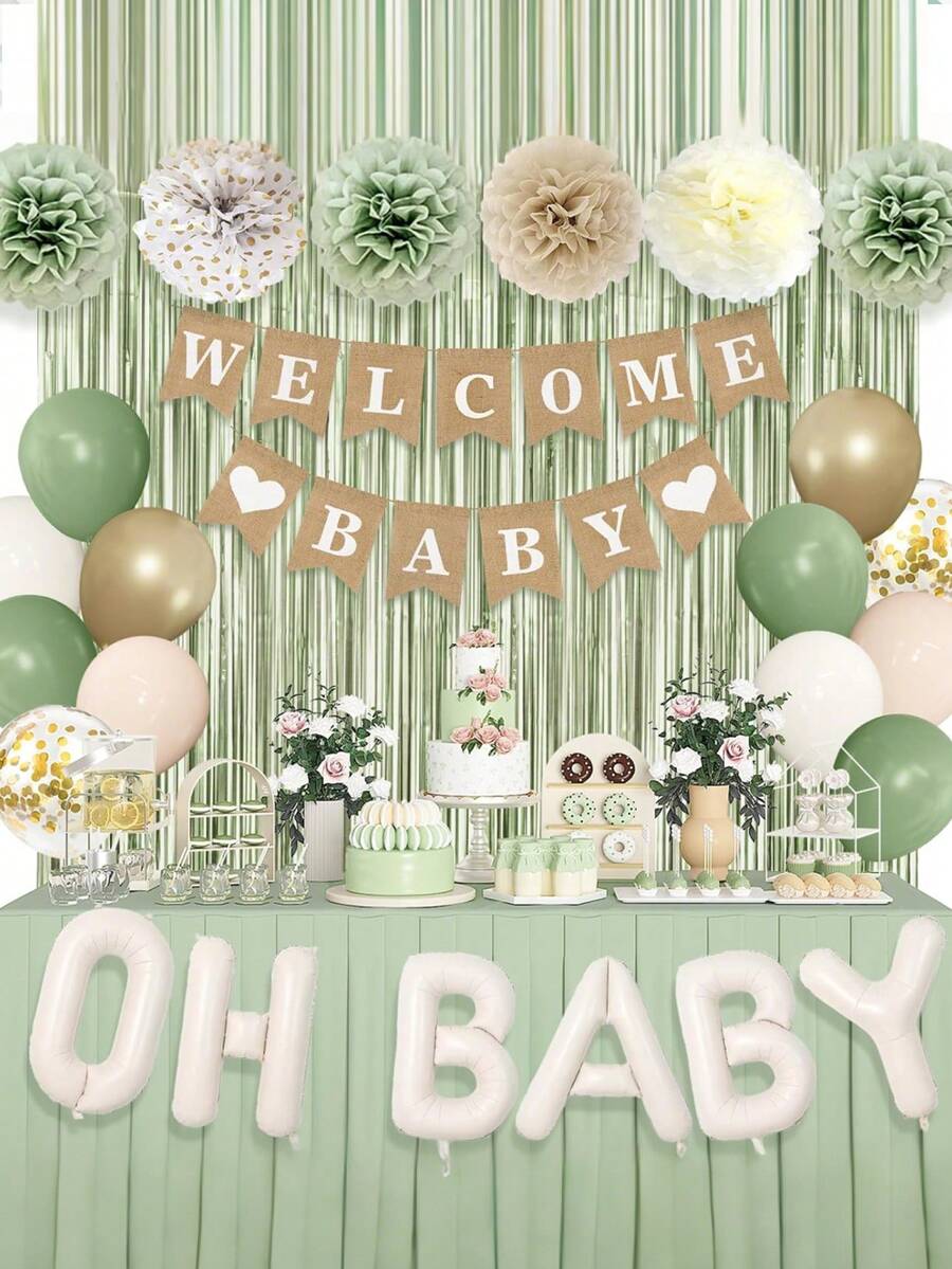 1/6/32 件鼠尾草绿色婴儿派对装饰，适合婴儿，绿色气球搭配“欢迎宝宝”横幅流苏窗帘，铝箔气球，纸花，适合波西米亚风格的婴儿派对、生日、性别揭晓派对用品 - 彩色 - 查看 1