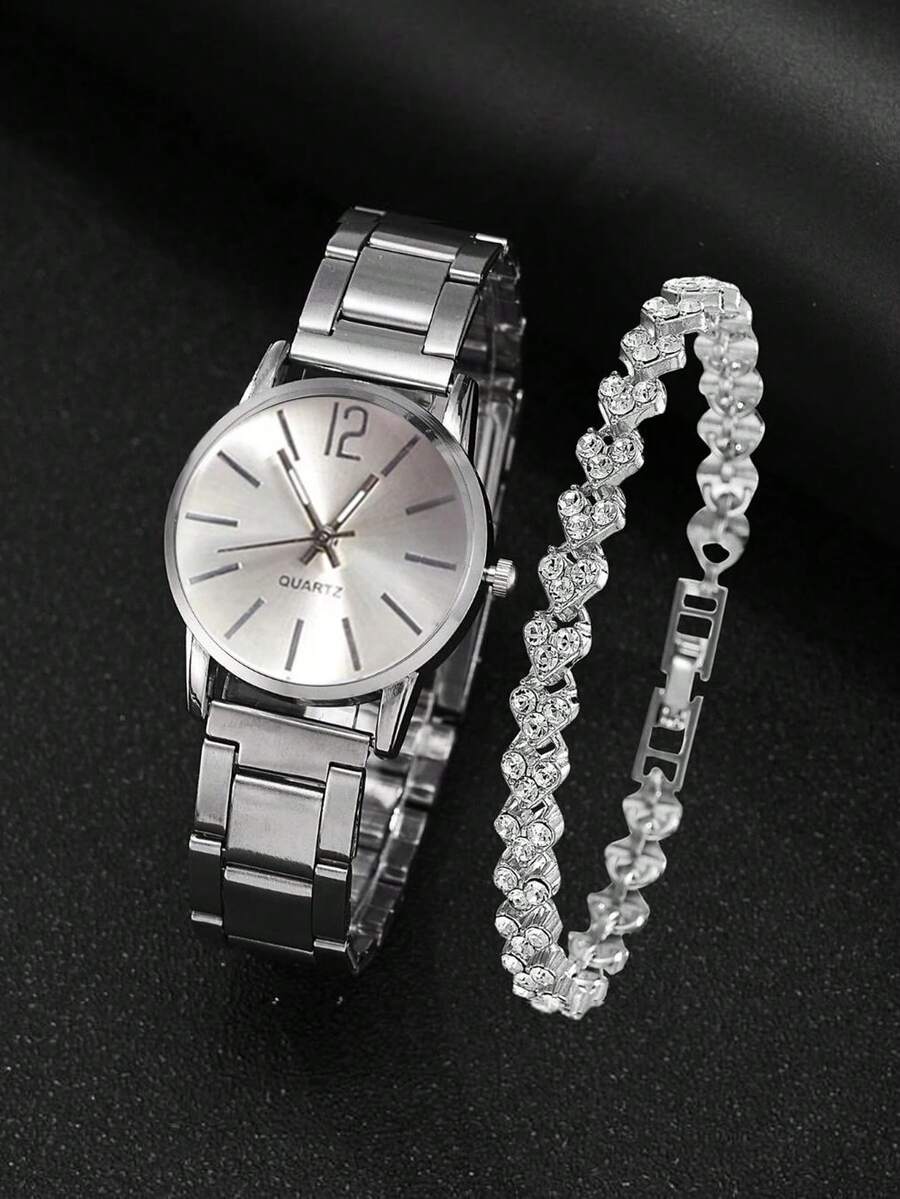 1pc Graduation Digital Small Disc Girls Steel Strap Watch And 1pc Bracelet Jewelry Set For Ladies - Silver - View 1