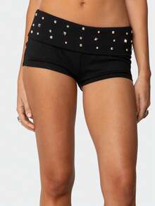 Women Y2K Elastic Studded Fold Over Micro Shorts Low Rise Rivet Embroidered Slim Fit Mini Shorts Punk Stretchy Foldover Boxers Shorts Cute Going Out Shorts Party Club Streetwear - 黑色 - 查看 5