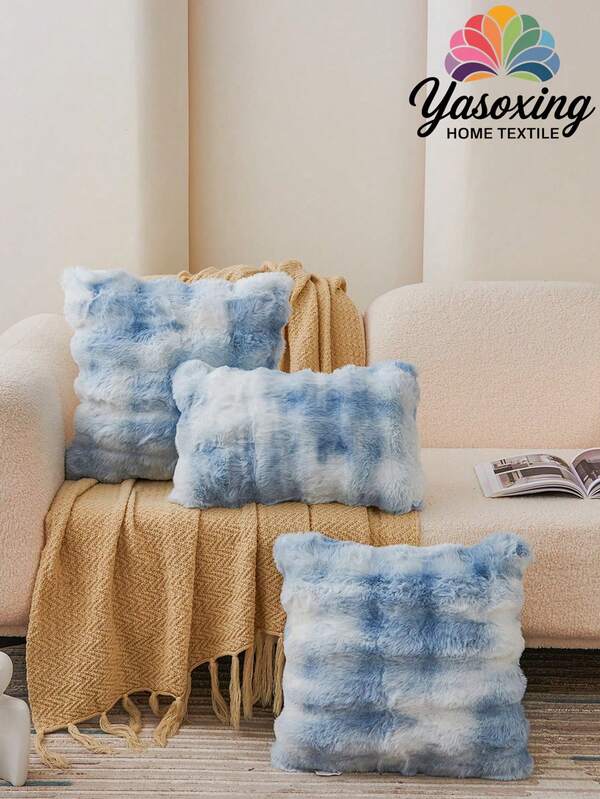 1pc Blue Tie Dye Decorative Faux Rabbit Fur Cushion Cover Without Filler, Modern Flannelette  Fuzzy Plush Throw Pillow Cover Zipper Closure For Home, For Sofa, Living Room