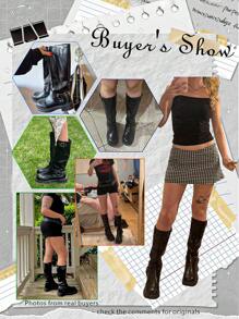 planare Perfect With Sweater Style With Black Dress,Women's Fashion Casual Side Zipper Buckle Biker Boots, Black Rubber Shoes, Thick Heeled Western Style Booties For Fall And Winter,Party