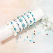 طقم صنع مجوهرات عطلة البحر، أخضر مزرق، يشمل أحجار طبيعية، صدف، سلاحف، وخرز من الطين البوليمري، حرفة سوار DIY إبداعية للأطفال