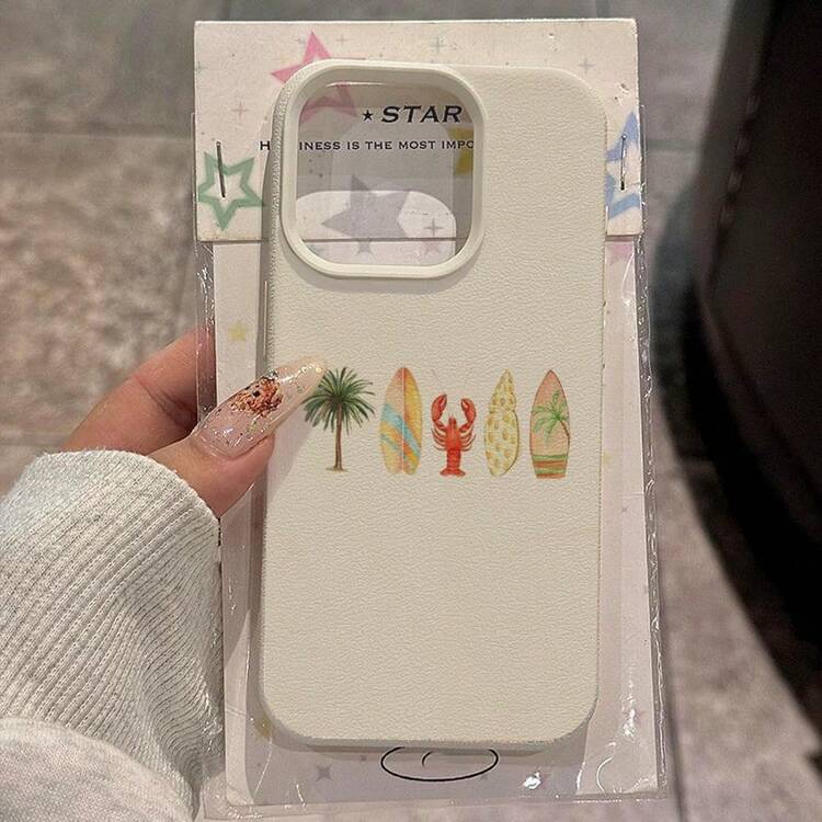 TPU 白色度假风单件装 TPU 材质夏季椰子树和龙虾图案手机壳，适用于苹果手机，春季款 - 白色 - 查看 3