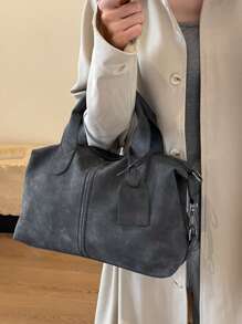 新款复古PU皮女士手提包，时尚拉链单肩包，配可拆卸肩带，女士工作旅行二合一包，灰色、黑色、绿色 - 黑色 - 查看 4