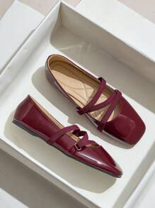 女士平底鞋，易于穿着，优雅低跟，百搭时尚闪亮红色方头玛丽珍芭蕾平底鞋，配有松紧带，适合圣诞节 - 酒紅色 - 查看 3