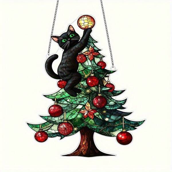 2D Flat, 1pc Festive Black Cat Christmas Tree Ornament Pendants With Red Balls & Golden Chain, Acrylic 2D Flat Design, Perfect For Windows, Gardens, Porches, Bedrooms, Offices, Kitchens & Outdoor Yards, Seasonal Holiday Decoration, Happy New Year Merry Christmas Decorative Pendant