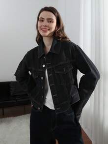 Jaqueta Denim de Manga Longa com Lapela de Cor Sólida Fashionable para Mulheres - Preto - Visão 6
