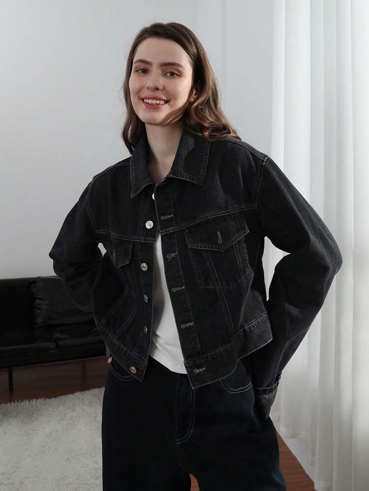 HH Women Fashion Solid Denim Lapel Long Sleeves Coat Top - Black - View 5