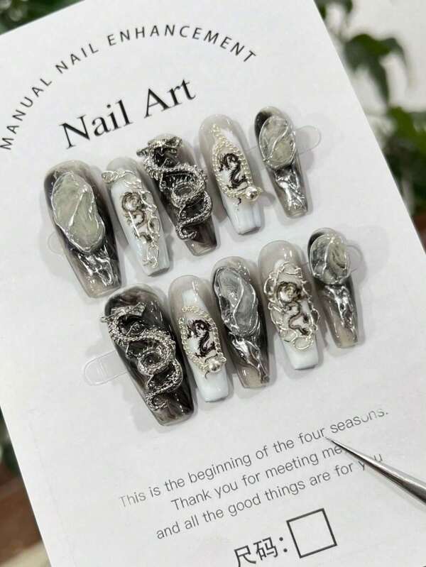 1pc/10pcs Pure Handmade Light Luxury Dragon Wearable Nail Stickers Dragon High-End Wearable Nail Long Detachable Black Series Nail Art Light Luxury