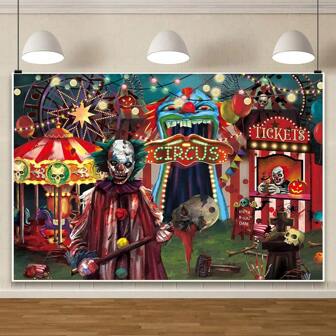 1pc-Halloween Evil Circus Backdrop - Terrifying Clown & Haunted Carnival Design, Heavy Duty Polyester Fabric For Horror Birthday Party, Photo Booth, Indoor Outdoor Spooky Decor