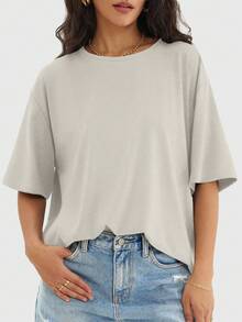 Speed mate Women's Casual Loose T-Shirt, Summer Round Neck Short Sleeve Basic Sports Tee - Beige - View 3