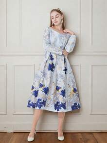 Luxurious Jacquard Elegant Long Sleeve Party Dress, Autumn/Winter