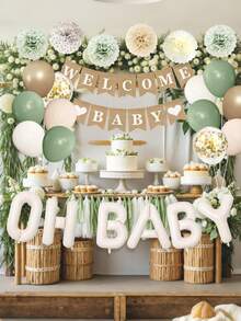 1/6/32 件鼠尾草绿色婴儿派对装饰，适合婴儿，绿色气球搭配“欢迎宝宝”横幅流苏窗帘，铝箔气球，纸花，适合波西米亚风格的婴儿派对、生日、性别揭晓派对用品 - 彩色 - 查看 6