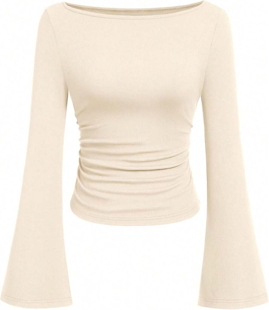 Womens Long Sleeve Shirts 2026 Spring Crop Going Out Tops Casual Boat Neck Sleeve Ribbed Ruched Y2K Clothes - Beige - View 1