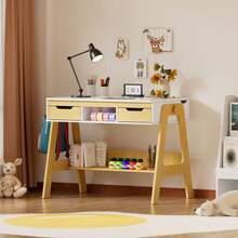 FXLTSBL Children's Desk Made Of Solid Pine Wood, Natural/White - Desk With Tilt-Adjustable Tabletop, Beautiful Youth Desk With 2 Drawers - Khaki - View 7