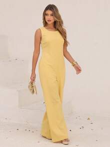 Elegant Linen Wide Leg Jumpsuit With Discreet Pockets - Yellow - View 3