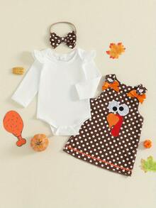 Infant Baby Girl Clothes Set Long Sleeve Solid Color Romper And Turkey Embroidery Dot Dress With Headband 3Pcs Outfit - White - View 6