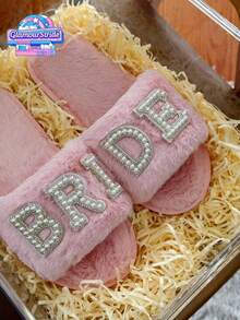 新娘拖鞋，温暖舒适的露趾拖鞋，适合新娘派对、单身派对和婚礼当天，平底交叉白色露趾拖鞋 - 粉色 - 查看 1